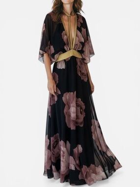 Jasmine Floral Chiffon Maxi Dress Black Pink Gold Empire Waist Size S